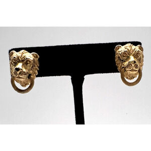 Vintage Mimi Di N Lion Head Door Knocker Earrings Gold Brass Plated